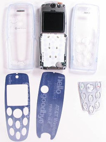 A Nokia 3200, with its case off, showing the front and back face plates.