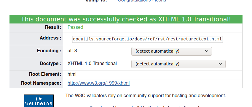 A screenshot of the W3C Markup Validator for the docutils' reStructuredText documentation saying "This document was successfully checked as XHTML 1.0 Transitional! Result: Passed."