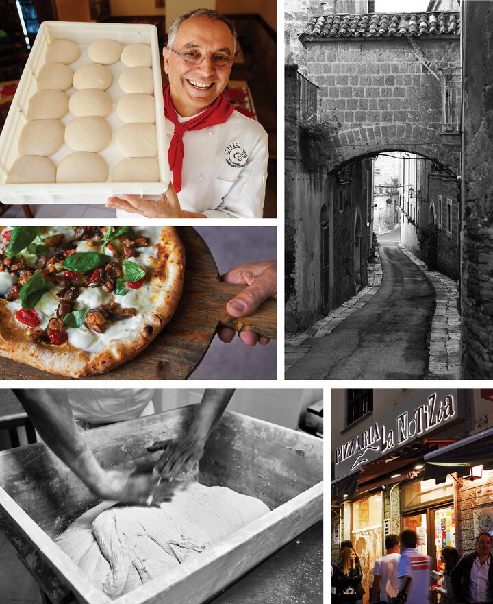 Clockwise from top left: Enzo Coccia; Caiazzo street scene; waiting for a table at La Notizia; Franco Pepe mixing dough by hand; pizza at La Notizia.