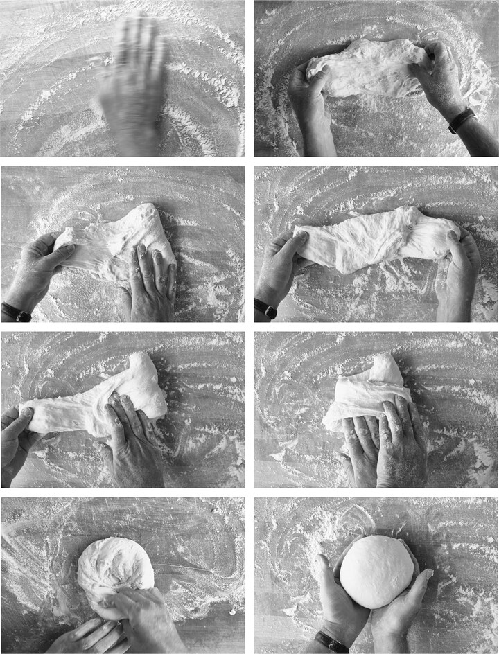 Twenty minutes after mixing, fold and knead the dough to create a ball with a smooth surface.