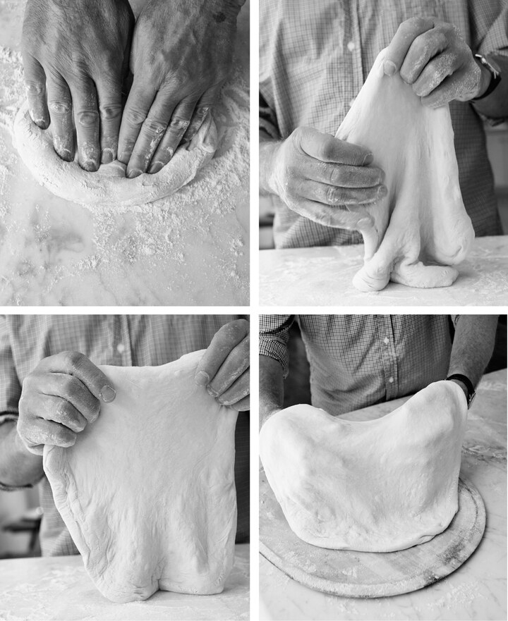 Stretching the dough.